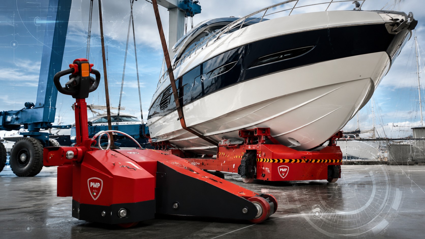 Dos equipos eléctricos rojos de PMP Italia sosteniendo la cuna de un yate en el patio de una marina